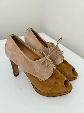 J Crew Peep Toe Suede Oxford Heels Tan Camel Two Tone Size 8